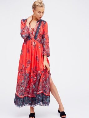 Free People If You Only Knew Maxi Dress Small Red Floral Boho As Seen On Tyra